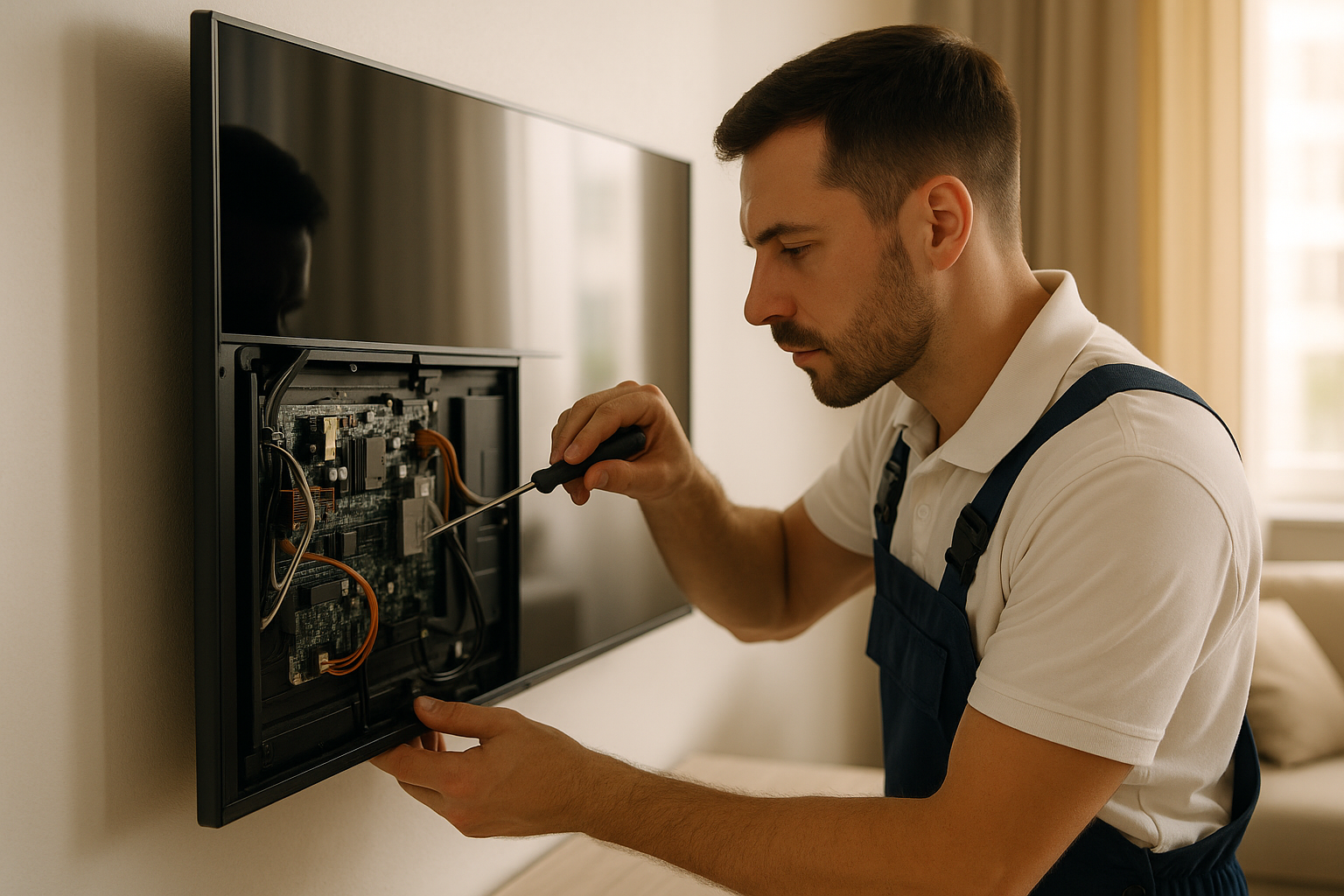 Мастер Go-Fix ремонтирует современный телевизор